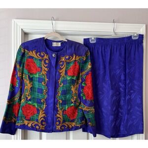 Adriana Papell Vintage Evening 100% Silk Jacket Skirt Scroll Purple Size 4 Suit